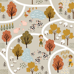 Seamless vector pattern in flat cartoon style. Playful farm scene with barn, shed, windmill, tractor, animals, and trees. Isolated on white. Perfect for kids&rsquo; products, fabric, and decor.