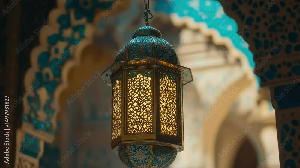 Aufkleber a lantern hangs from the ceiling of a building