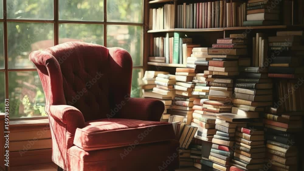 Poster a vintage red chair sits in front of a window filled with books, ideal for reading or writing