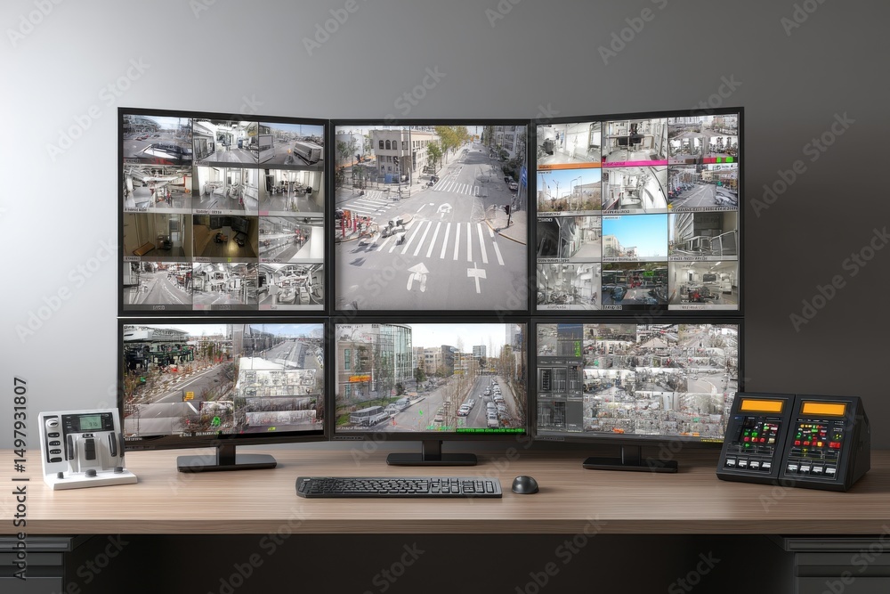 Poster a comprehensive surveillance system display, showing multiple camera feeds of both indoor and outdoo