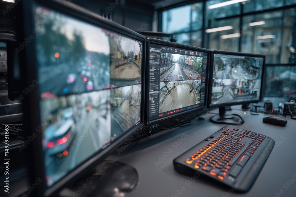 Poster in a modern surveillance center, security monitoring with multiple computer screens displaying real-