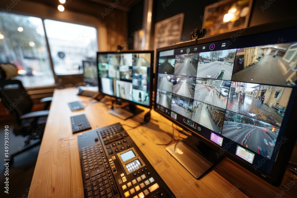 Poster a modern surveillance control room featuring multiple monitors displaying live security camera feeds