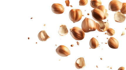 Falling Hazelnuts in the Air Isolated on Transparent Background

