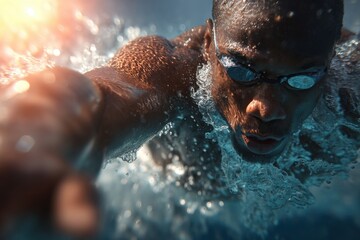 Intense close-up of a determined swimmer gliding through water, face partially submerged, goggles on, showcasing strength and athleticism during an aquatic workout session.