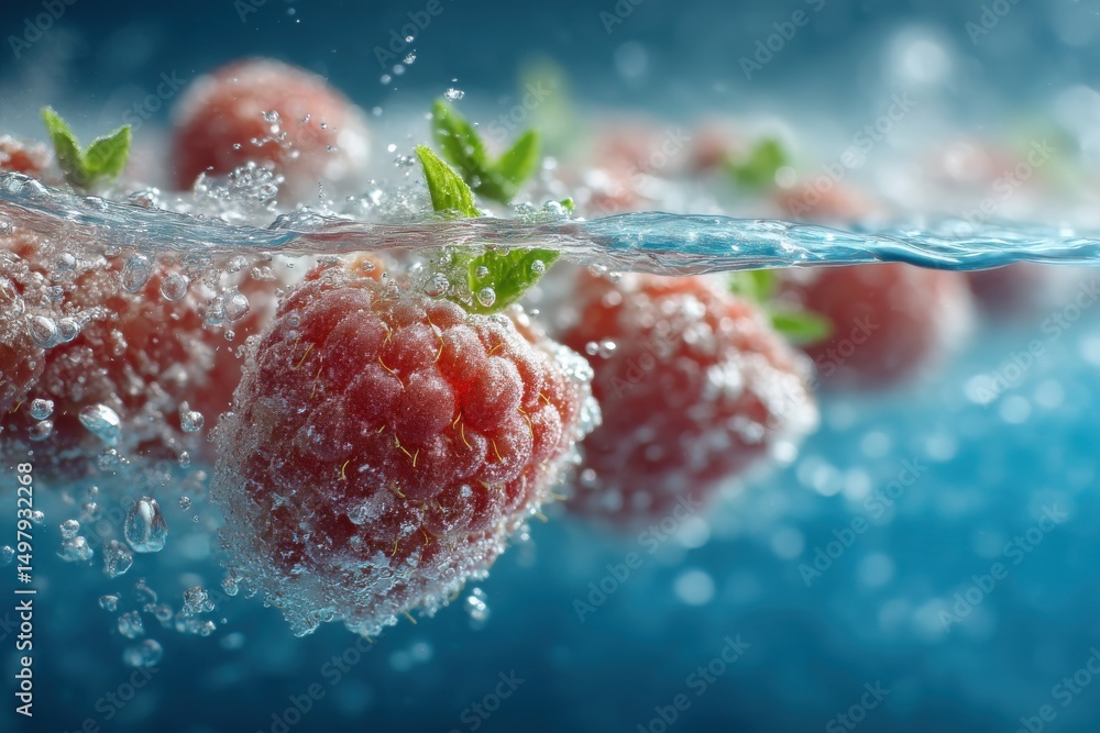 Poster fresh raspberries floating in clear water with bubbles, showing their vibrant red color and green le