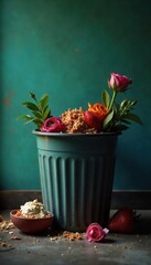 Empty bowl, overflowing trash can, wilted flowers, dim lighting conveys feelings of emptiness, neglect, and lack of appetite associated with depression ,  emotional distress,  bleak,  muted