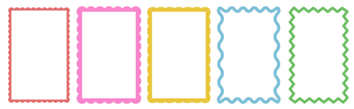 collection vertical rectangular frames with scallop edges set. Text boxes with curved borders and Decorative elements in flat style