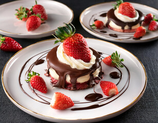 decadent strawberry desserts with chocolate splashes and cream swirls