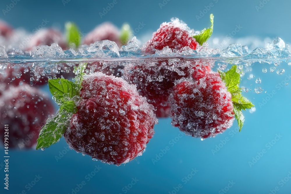 Poster fresh raspberries with green leaves splash into clear water, creating a refreshing and visually appe
