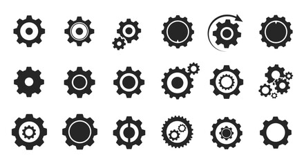 Gears icon set. Setting gears icon. Collection of mechanical cogwheels. White background. Vector illustration with black sprocket sign icons design element.