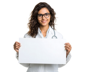 A smiling female doctor in glasses, holding a blank sign for your custom message.