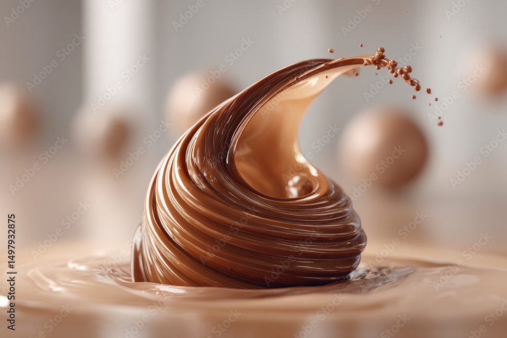 Poster a mesmerizing close-up of swirling, rich chocolate sauce with dynamic splashes, evoking a sense of i