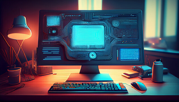 an image of a computer monitor with a keyboard and mouse there is a computer monitor and keyboard on a desk