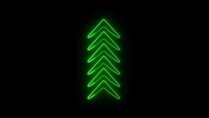 Modern green neon arrow sign displaying upward direction on a deep black background for graphic design and web decorations