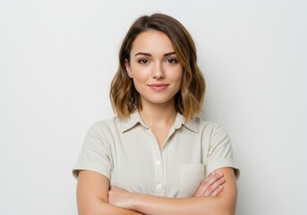 Obraz premium Confident Young Woman with Arms Crossed Wearing a Beige Shirt Isolated on White Background