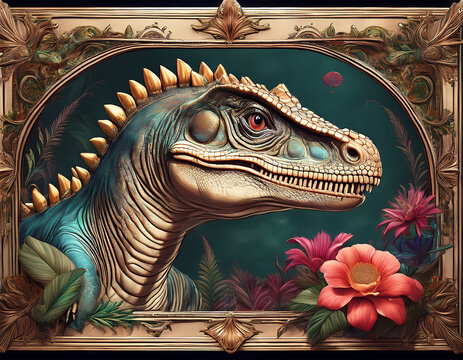 whimsical dinosaur portrait in ornate vintage frame n surreal floral background wall poster