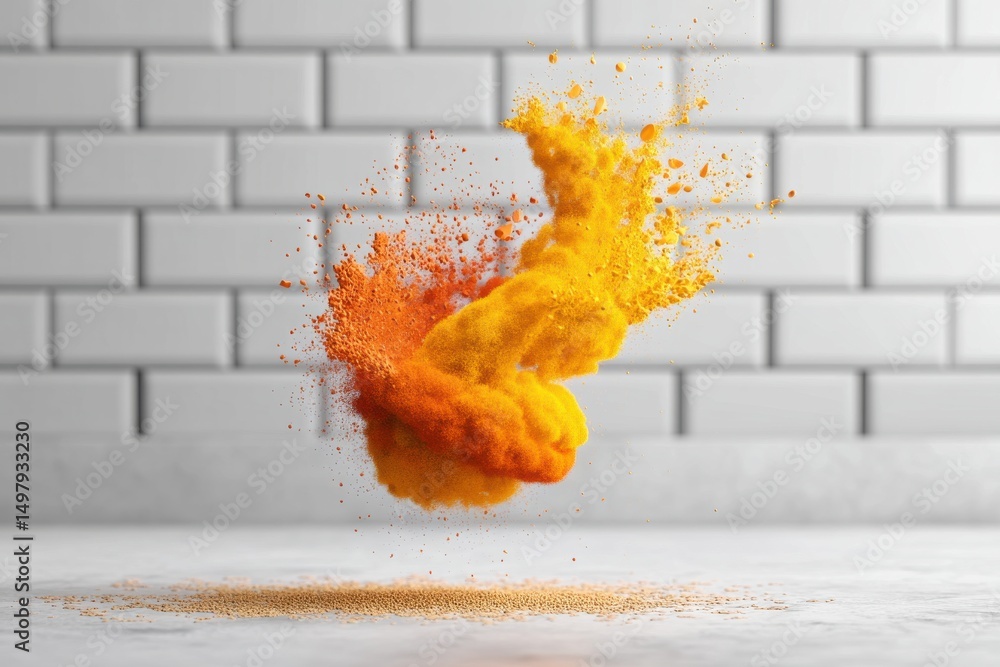 Poster energetic burst of yellow and orange powder, creating a dynamic explosion against a clean white tile