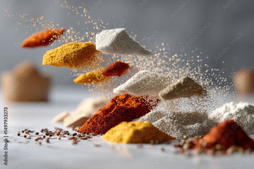 Poster an artistic and abstract close-up shot of vibrant spices in mid-air, creating a dynamic and colorful
