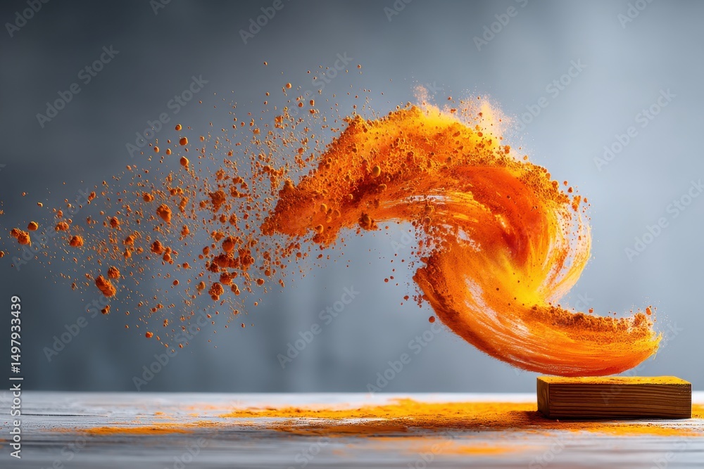 Poster an abstract depiction of vibrant orange powder swirling dynamically, reminiscent of a spice explosio