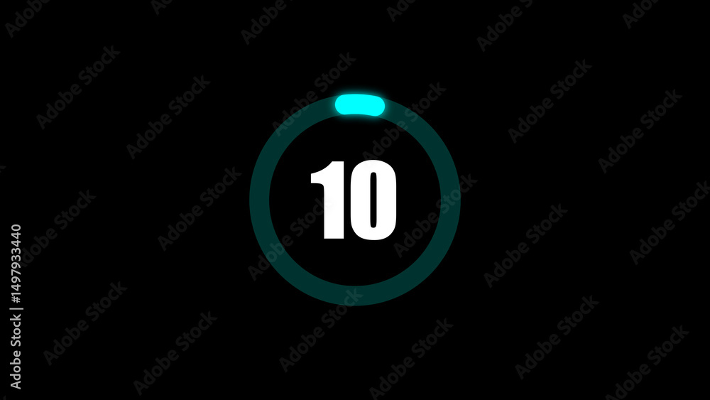 Poster glowing neon circle with number ten digital countdown design element on black background for time ma