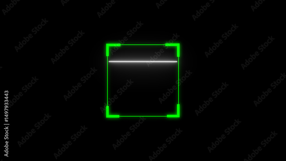 Poster futuristic digital scanner interface with neon green border and scan line on dark background for tec