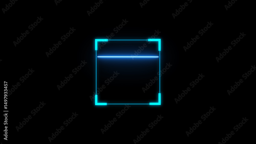 Poster futuristic digital interface design with blue neon light frame and scanning line on black background