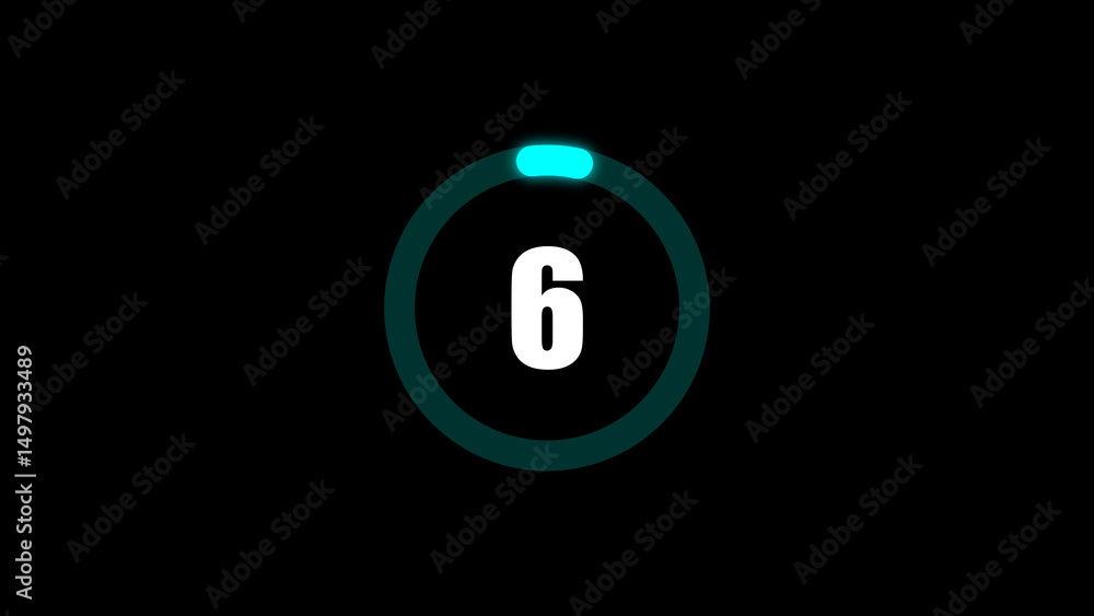 Poster a modern and minimal animation featuring the number six within a glowing teal circle set against a d