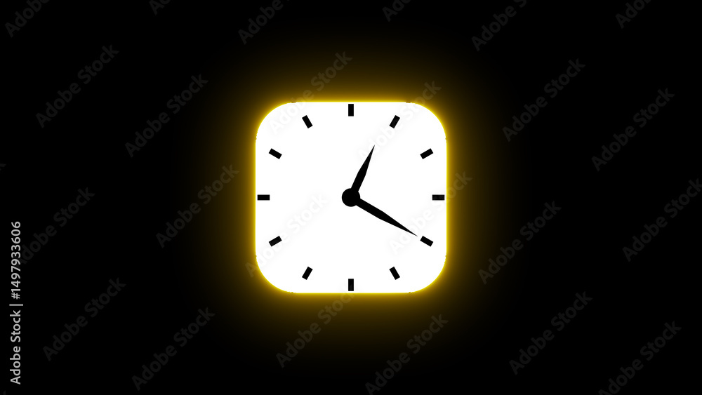 Poster illuminated square clock icon with glowing edges on a black background representing time passing and