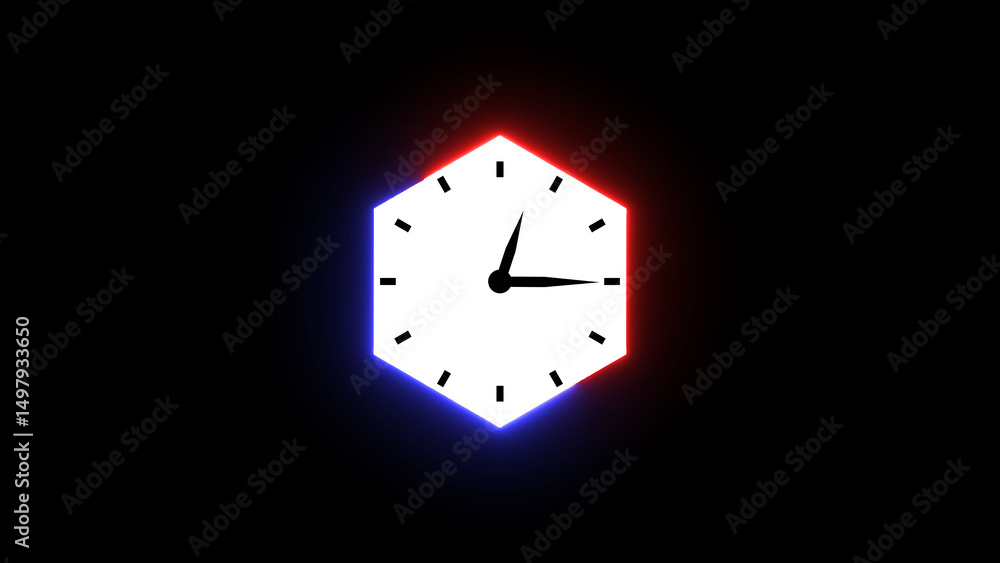 Poster abstract neon clock illustration displaying time on a black background with red and blue glowing edg