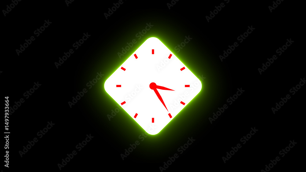 Poster glowing neon clock on a black background representing time and punctuality minimalist concept with g