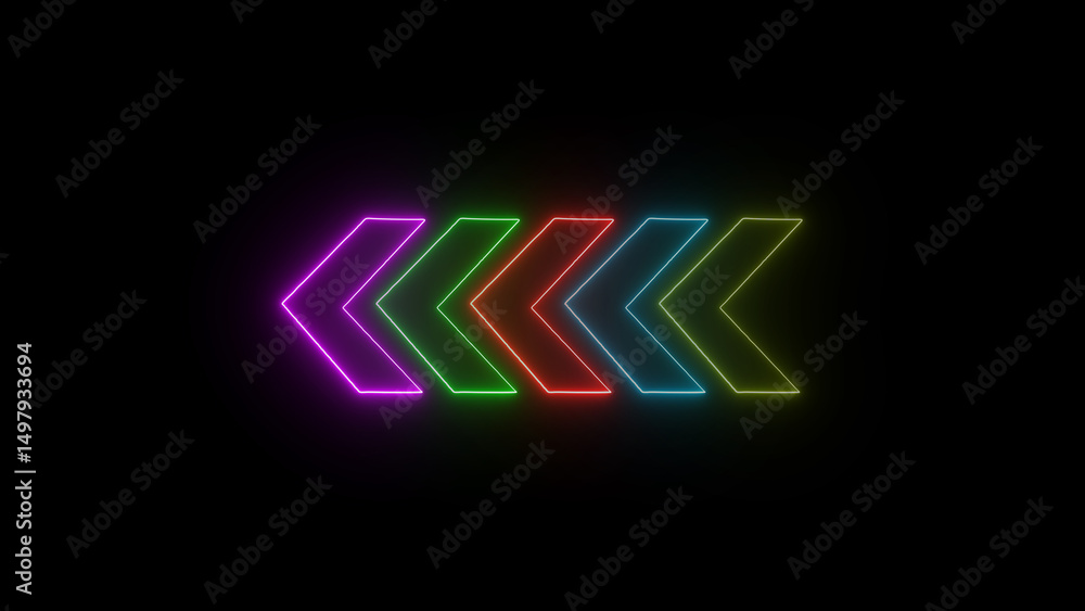 Poster vibrant neon arrow icons pointing leftward against a black background representing direction and pro