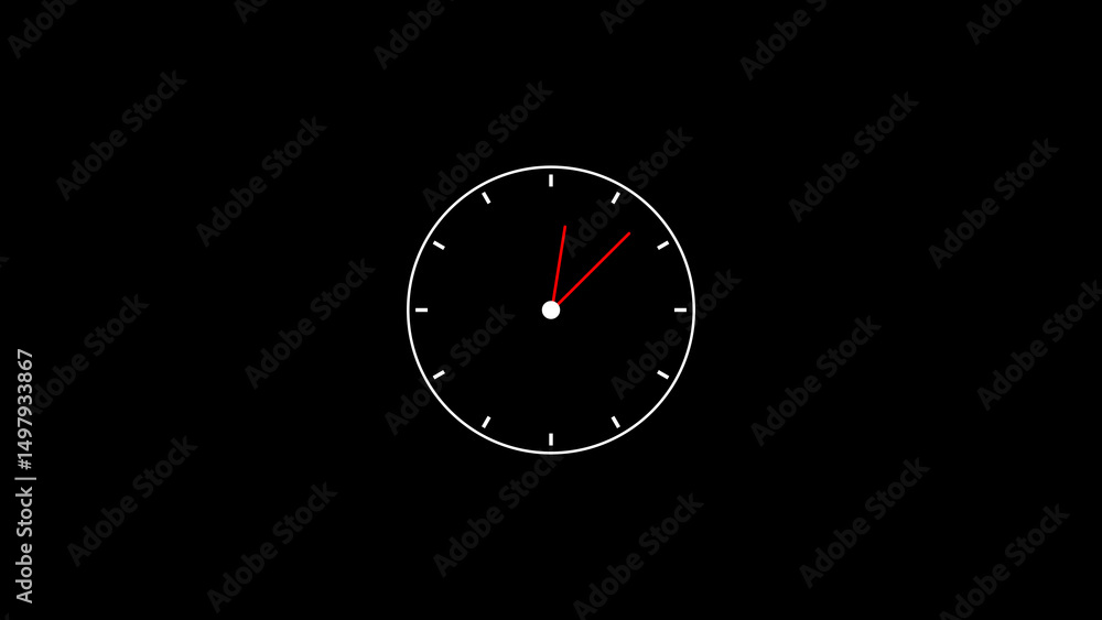 Poster minimalist clock illustration with red hands displaying precise time against a black background repr