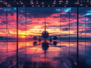 Airplane Silhouette Against a Vibrant Sunset