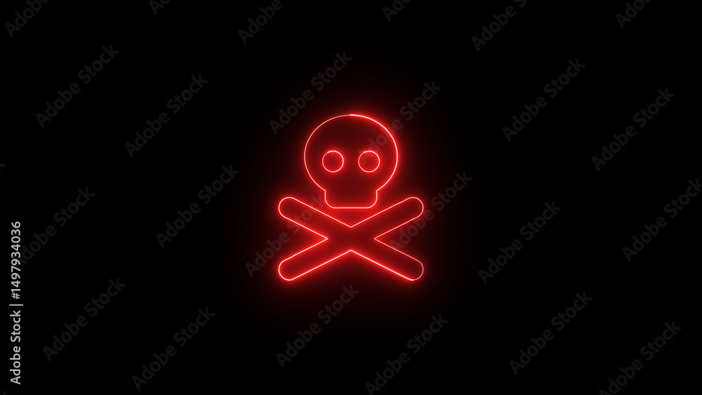 Poster neon red skull and crossbones symbol on black background representing danger and warning in a modern