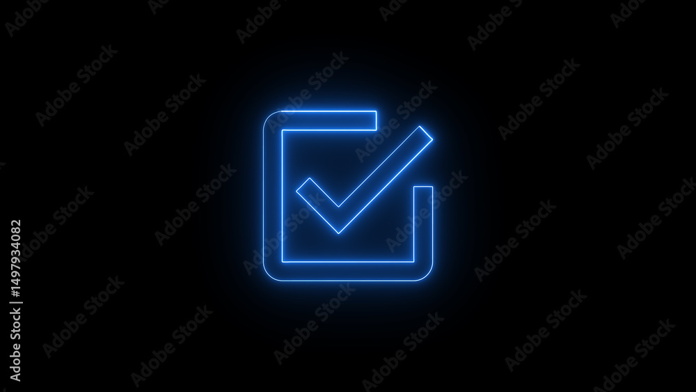 Poster glowing blue checkmark icon on black background representing approval and confirmation signifying co