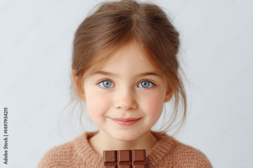 Aufkleber young child enjoys chocolate featuring blurred background in clean minimalistic image with ample cop