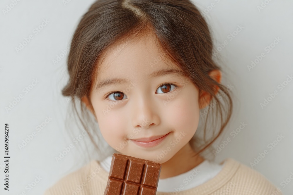 Aufkleber young child enjoys chocolate featuring blurred background in clean minimalistic image with ample cop