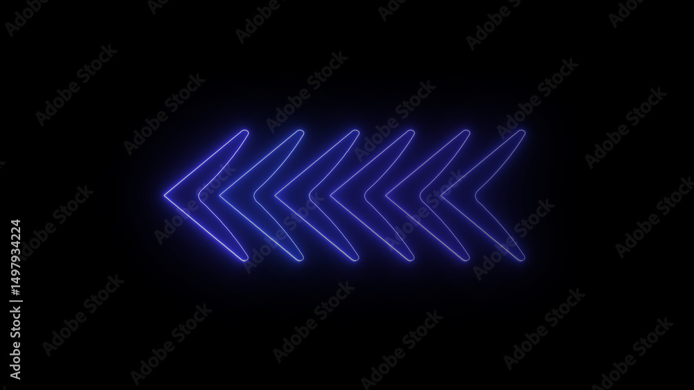 Poster glowing neon arrow sign pointing left repeating on a dark black background modern technology design 