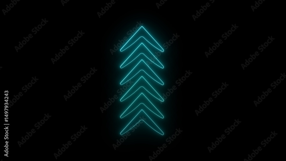 Poster glowing neon arrow composed of ascending chevron shapes on a dark black background suitable for tech