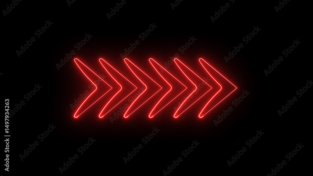 Poster illuminated neon arrow sign pointing right against a solid black background with red glowing lines