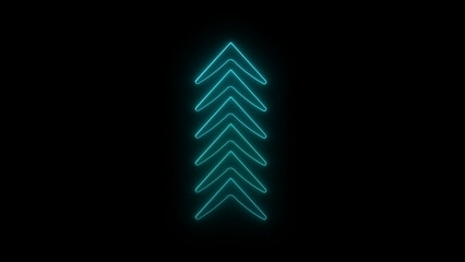 Glowing neon arrow composed of ascending chevron shapes on a dark black background suitable for technology and directional concepts
