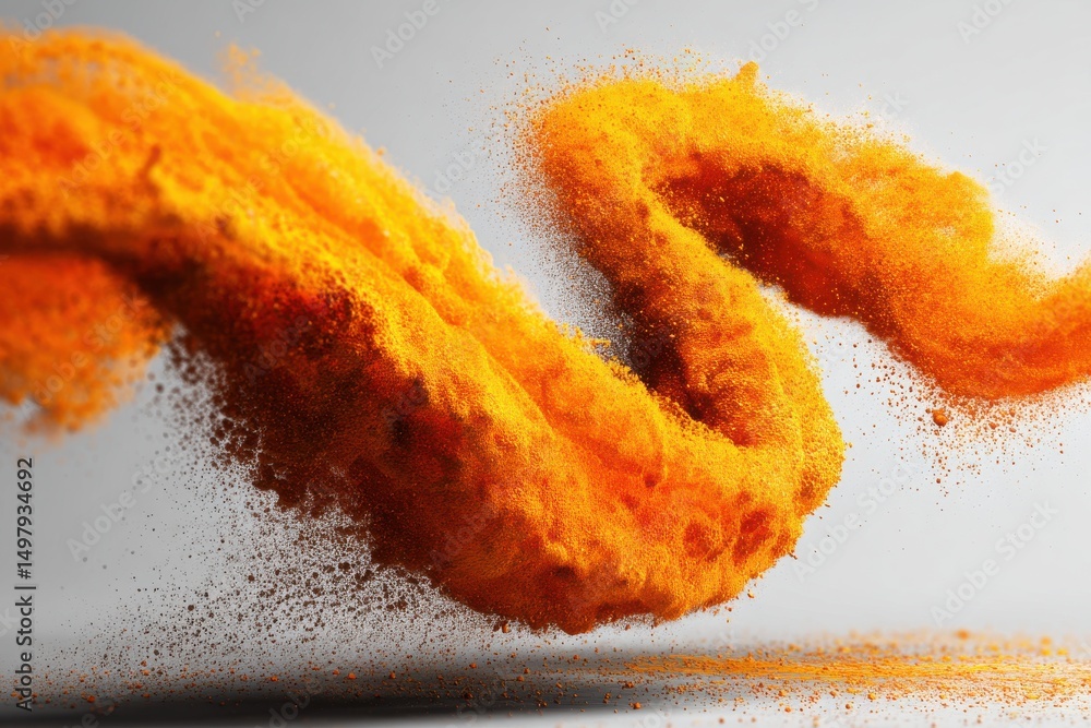 Poster an abstract image of bright orange powder explosion in a dynamic swirl, against a soft grey backgrou