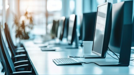 A row of modern computers and chairs in a bright, clean office space.