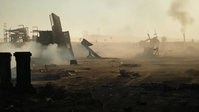 Charred battlefield, bokeh, toppled ruins, desert smoke, warzone silence