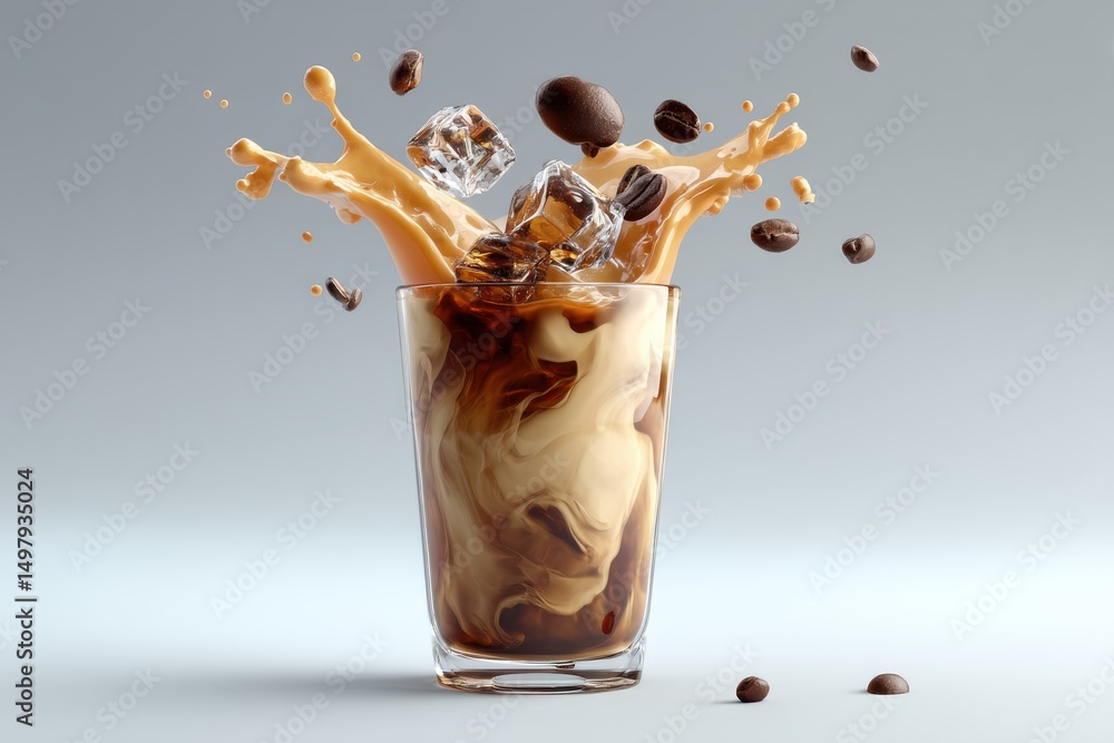 Poster iced coffee splash in a glass with coffee beans and ice cubes on a gray background, creating a dynam