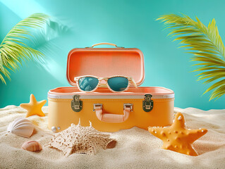 Summer Beach Scene with Sunglasses and Suitcase