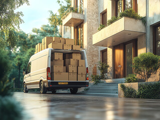 Delivery Van Loaded with Boxes at Modern Home