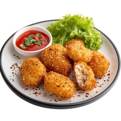 Fototapeta premium Chicken nuggets, Fried crispy chicken nuggets with ketchup, isolated on transparent background