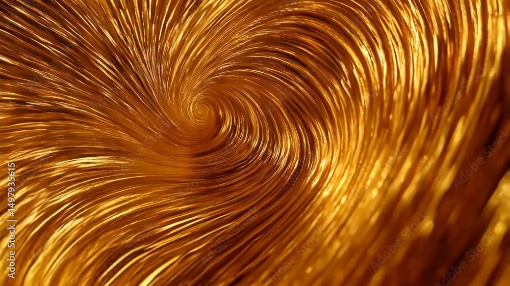 Poster swirling golden vortex with linear abstract motion, fluid curves and depth, creating a dynamic and l