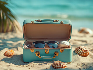 Stylish Beach Suitcase with Sunglasses and Seashells